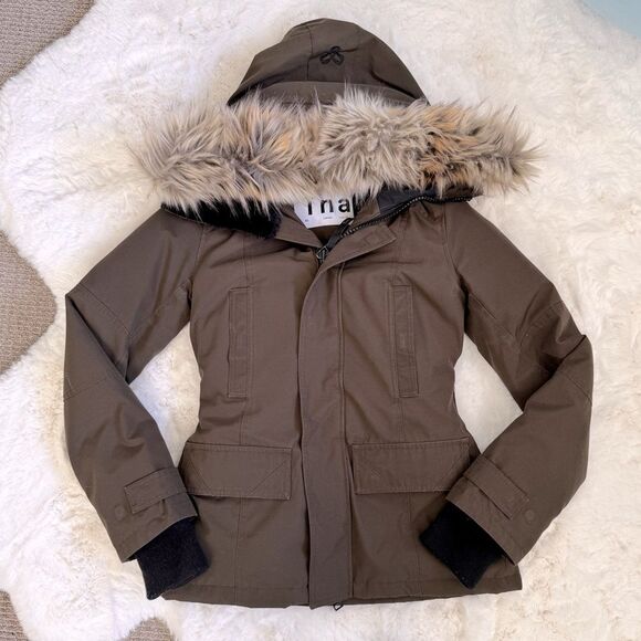 Aritzia TNA Goose Down Waterproof Windproof Fur Hood Jacket XS - Olive Brown - Picture 1 of 8
